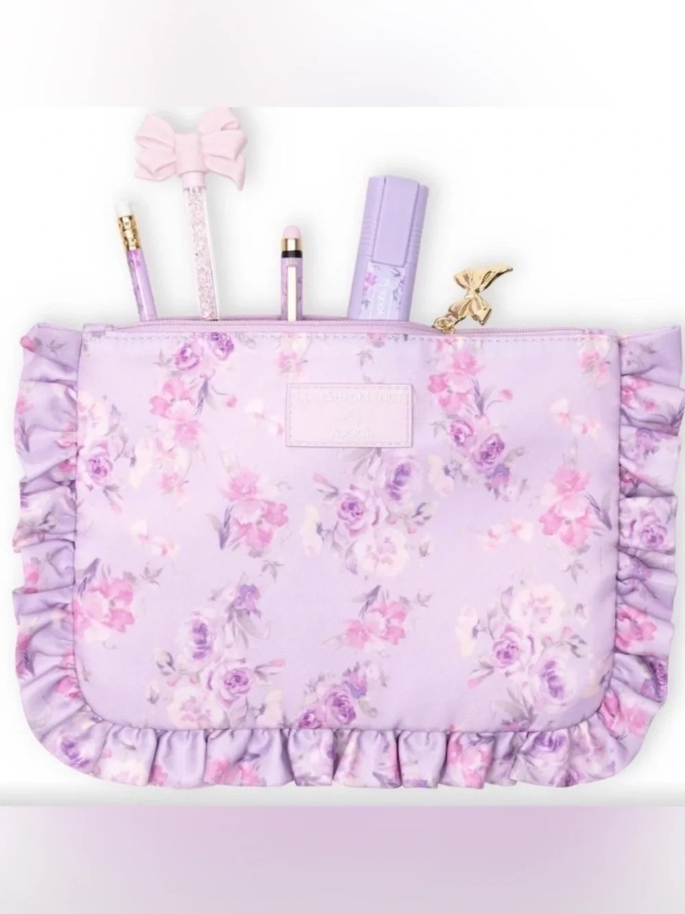 LoveShackFancy Lavender Floral Ruffle Accessory Pouch